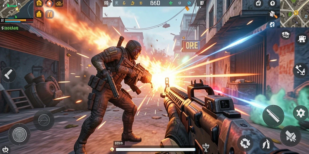 Screenshot utama 66D menampilkan pertarungan seru dalam gameplay TPS.