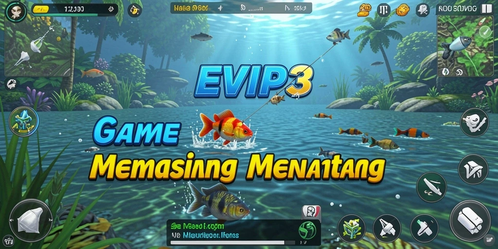 Tampilan utama gameplay EVIP3 dengan suasana memancing yang menawan.