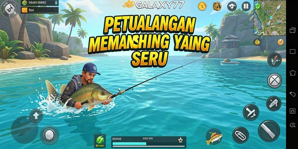 Tampilan gameplay GALAXY77 yang menampilkan aksi memancing yang seru.