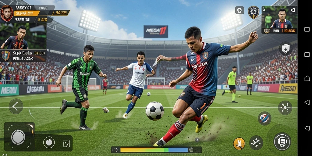 Screenshot gameplay MEGA111 dengan aksi sepak bola yang seru.